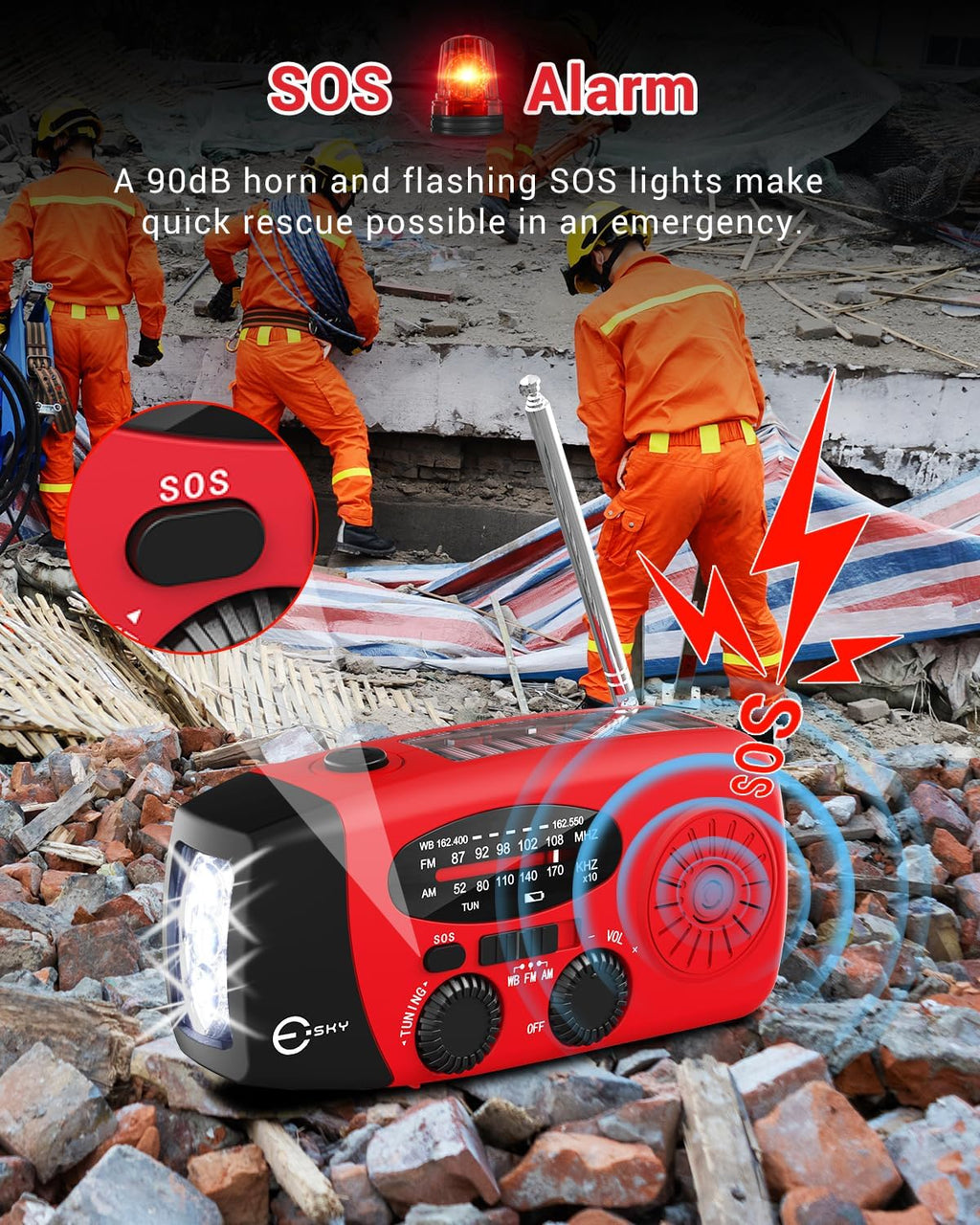 Emergency Hand Crank Radio 7400mWh with 3 LED Flashlight, AM/FM/NOAA Portable Weather Radio with Built-in 2000mAh