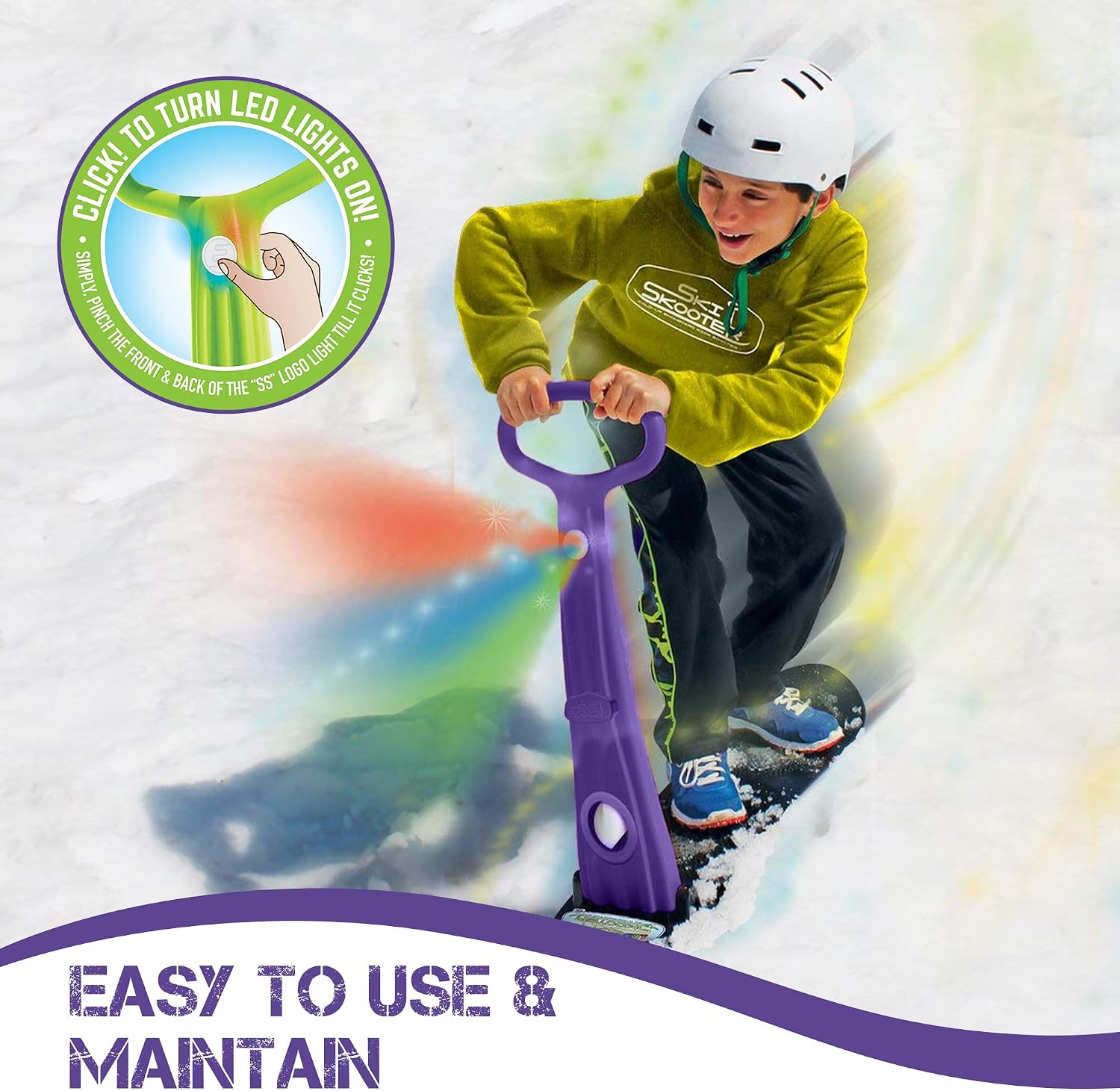Winter Fun Ski Skate, Foldable Snow Scooter, Ski Skooter, Snow Sled, and Kids Snowboard with LED Light –