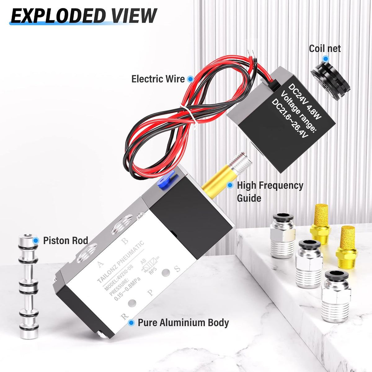 TAILONZ 1/4"NPT DC24V Solenoid Valve 2Position 5Way Outlet wire 4V210-08
