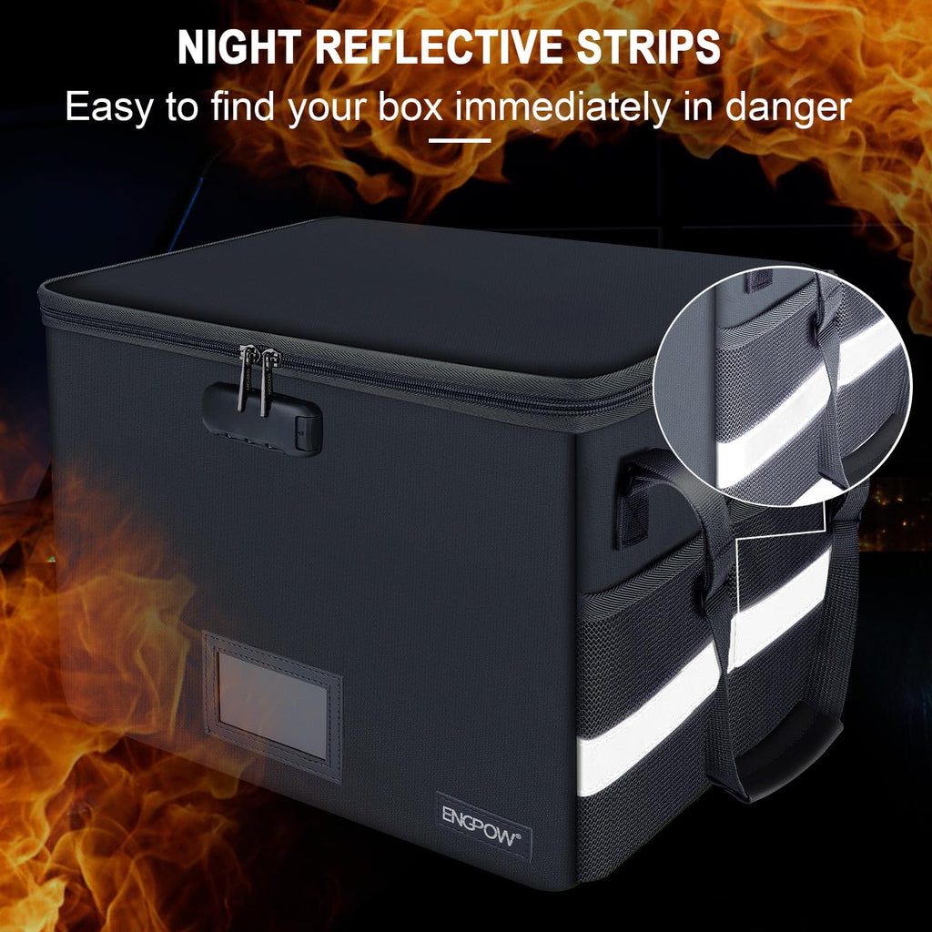 File Box with Lock, Fireproof Document Box with Pockets, Collapsible File Organizer Filing Storage Cabinet with