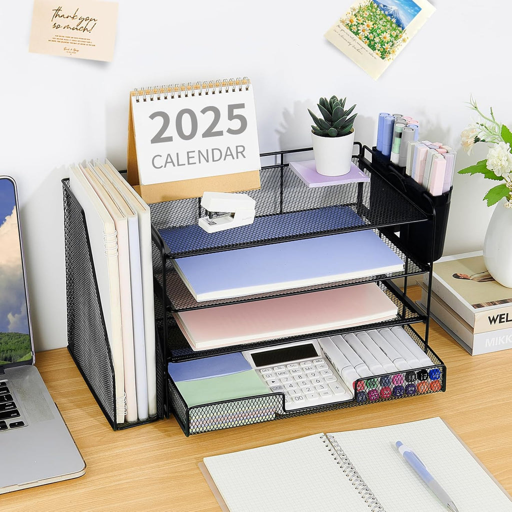 Desk Organizer, 4-Tier Desktop File Organizer with Drawer and 2 Pen Holders, Office Desk Accessories, File Sorters
