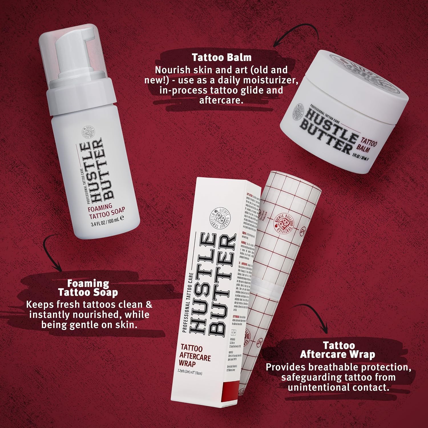 Hustle Butter Tattoo Aftercare Kit - Tattoo Balm, Soap, and Aftercare Wrap - TSA-Friendly - Easy Removal, Mess-Free Wrap