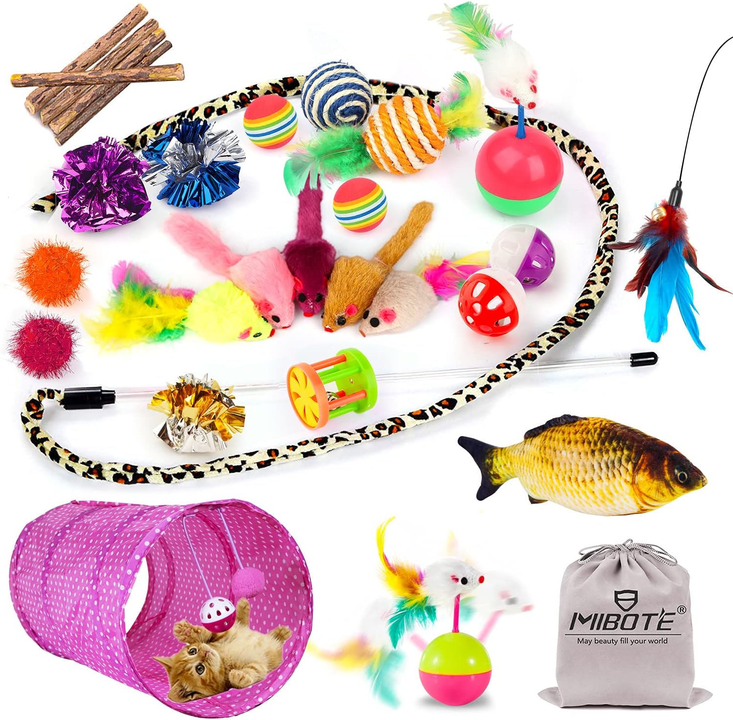 28Pcs Cat Toys Kitten Toys Assorted, Cat Tunnel Catnip Fish Feather Teaser Wand Fish Fluffy Mouse Mice Balls and
