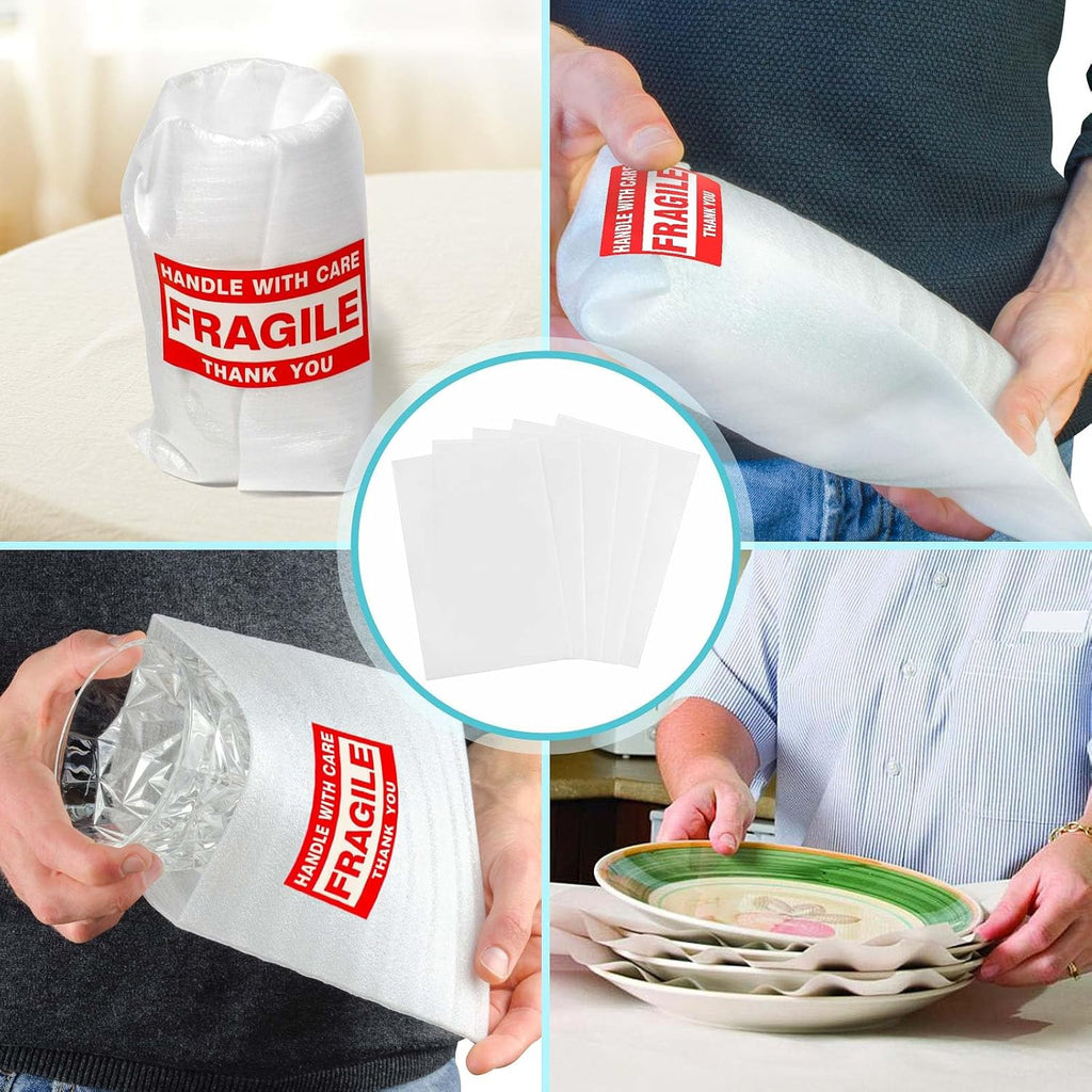 Thickened Packaging Foam Pouches and Sheets in 4 Sizes, 320 PCS with 60 Fragile Stickers, Dish Packing Supplies for
