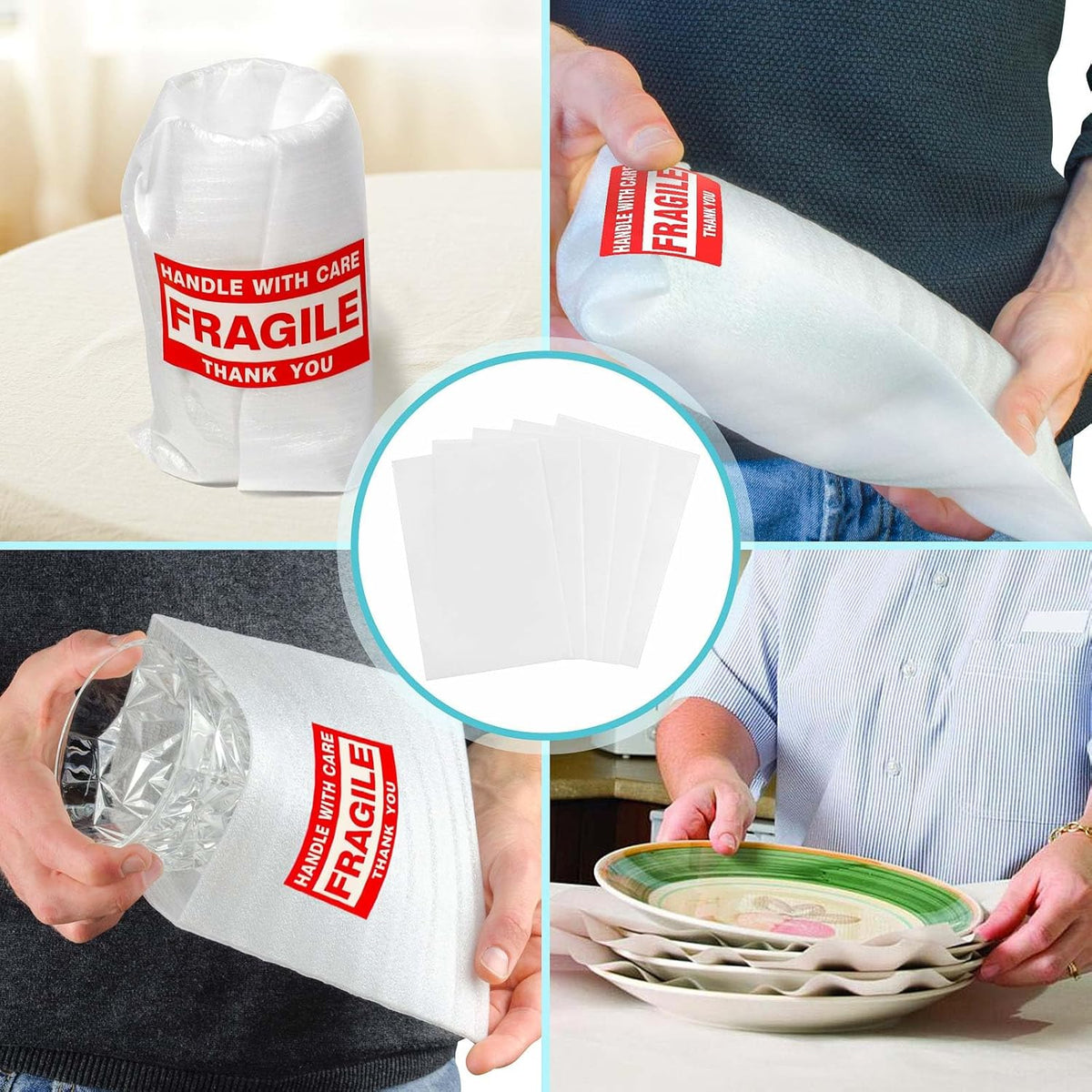 Thickened Packaging Foam Pouches and Sheets in 4 Sizes, 320 PCS with 60 Fragile Stickers, Dish Packing Supplies for