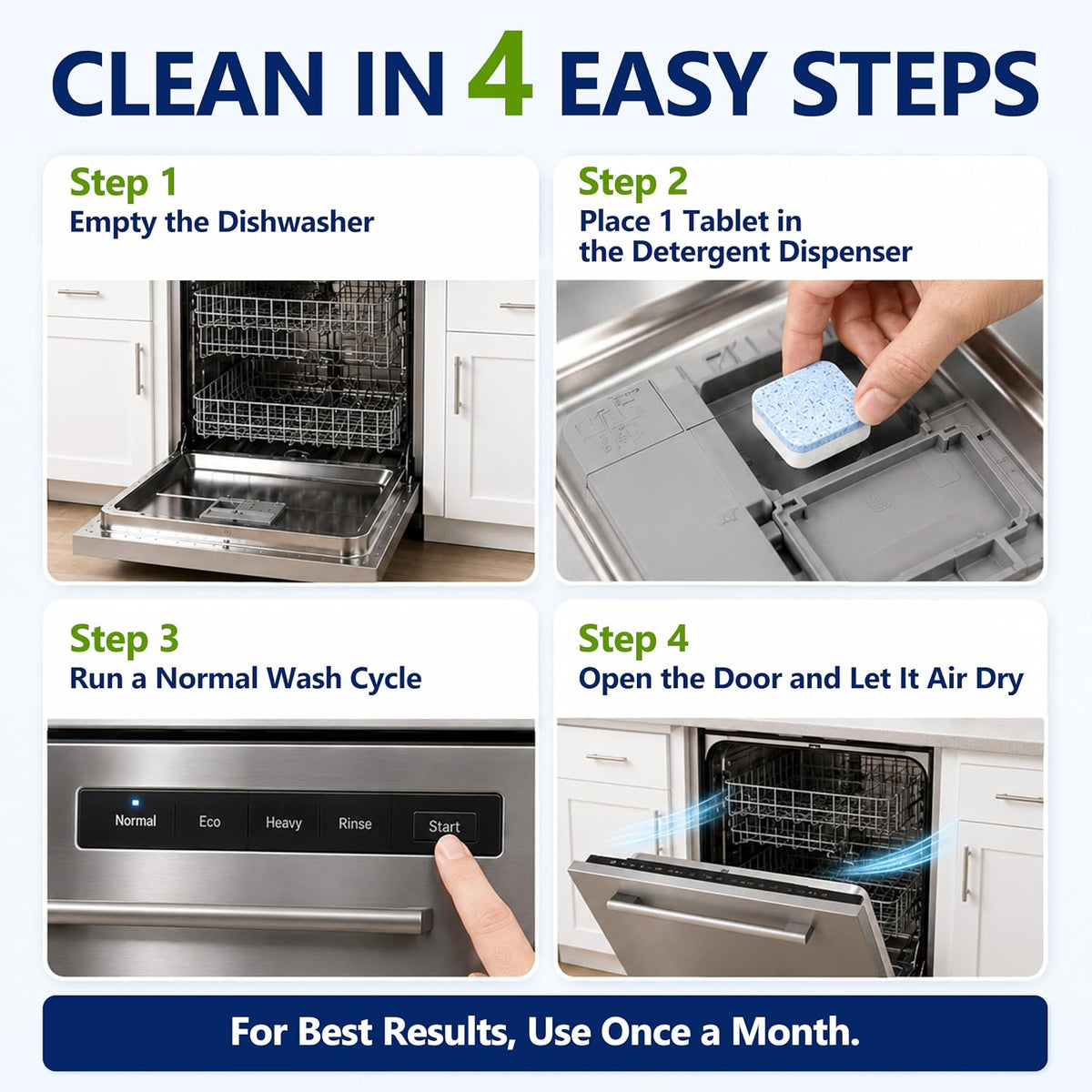 Dishwasher Cleaner Tablets 30 Pack, Removes Limescale, Grease & Odor, Restores Performance