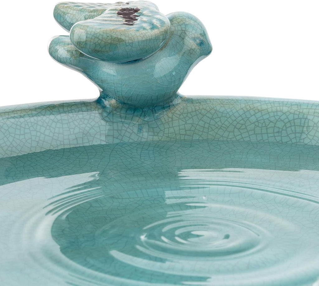 25" Tall Outdoor Ceramic Antique Pedestal Birdbath with 2 Bird Figurines, Turquoise
