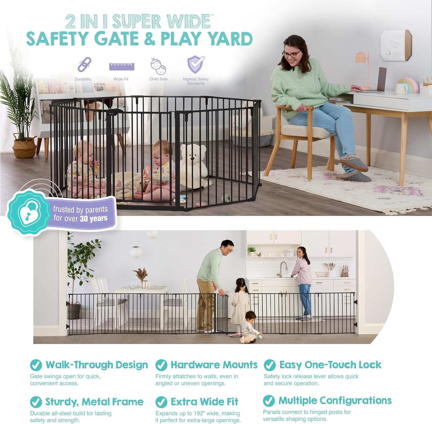 Safety 192" Super Wide Baby Gate & Play Yard, 2-in-1 Convertible Extra Wide Safety Barrier, Hardware Mounted for