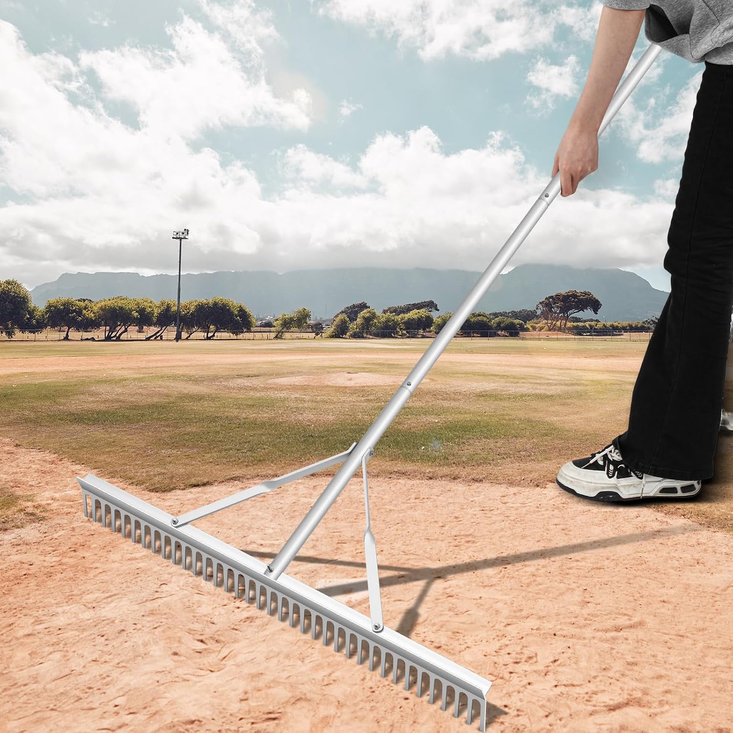 Aluminum Maintenance Rake 36 Inch Baseball Field Garden Landscape Rake with 66''-98'' Adjustable Handle for Yard