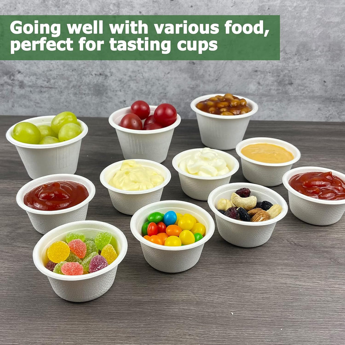 2 oz Disposable Bagasse Fiber Souffle Cups 100pk, 100% Natural Biodegradable Compostable Condiment Cups Sample Cup