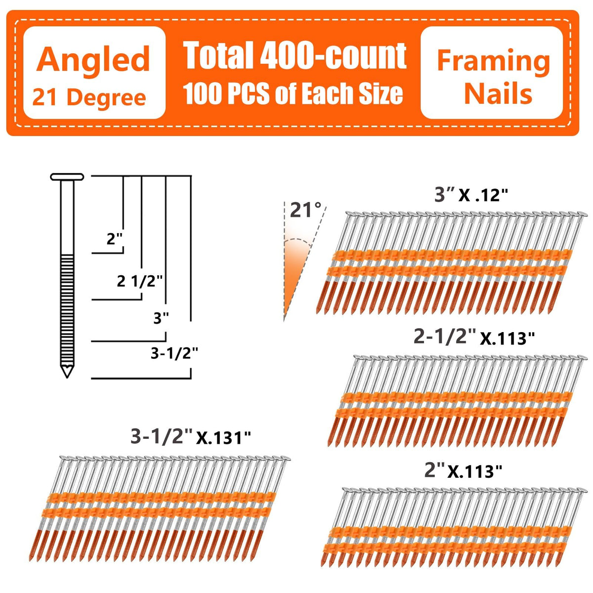 21 Degree Framing Nails HDG Ring Shank 4 Assorted Sizes 400 PCS