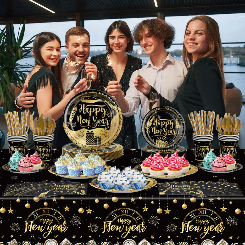 Happy New Years Eve Party Supplies Kit – New Year Eve Decorations Banner Plates and Napkins Cups Forks Tablecloth