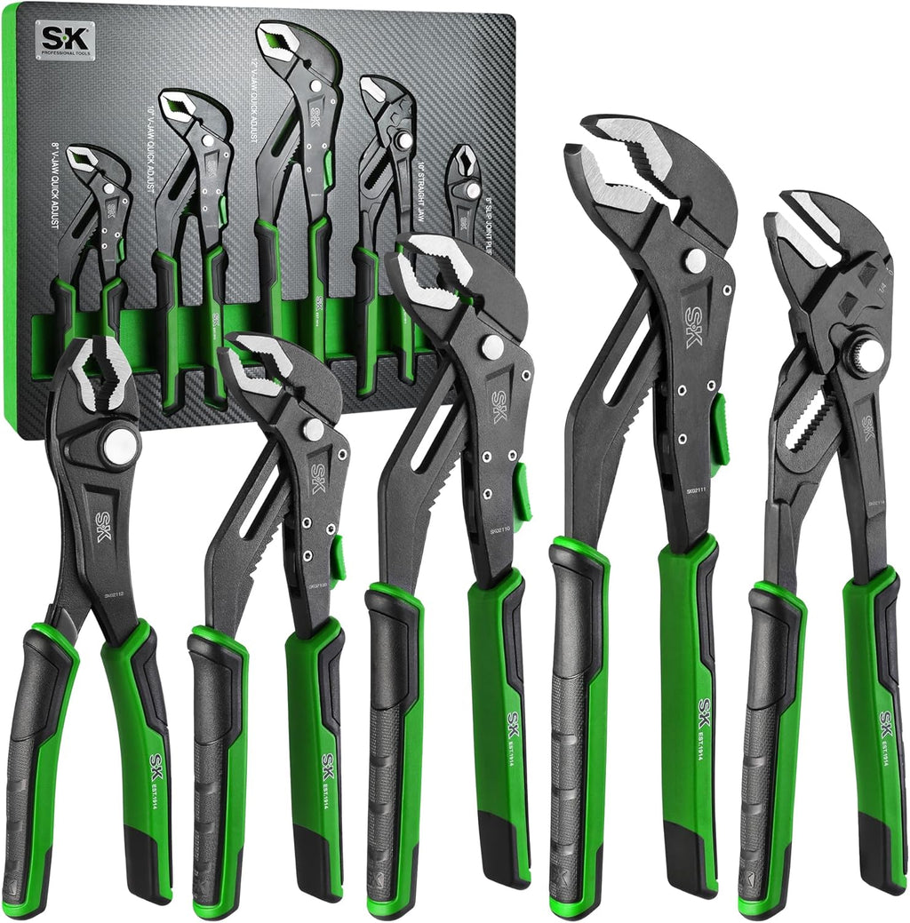 5-Piece Pliers Set, 8" Adjustable Joint, 8", 10" and 12" Quick Adjust V-Jaw Groove Joint, 10" Pliers Wrench, Premium