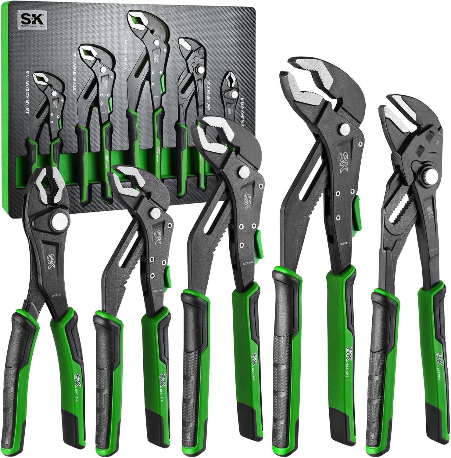 5-Piece Pliers Set, 8" Adjustable Joint, 8", 10" and 12" Quick Adjust V-Jaw Groove Joint, 10" Pliers Wrench, Premium