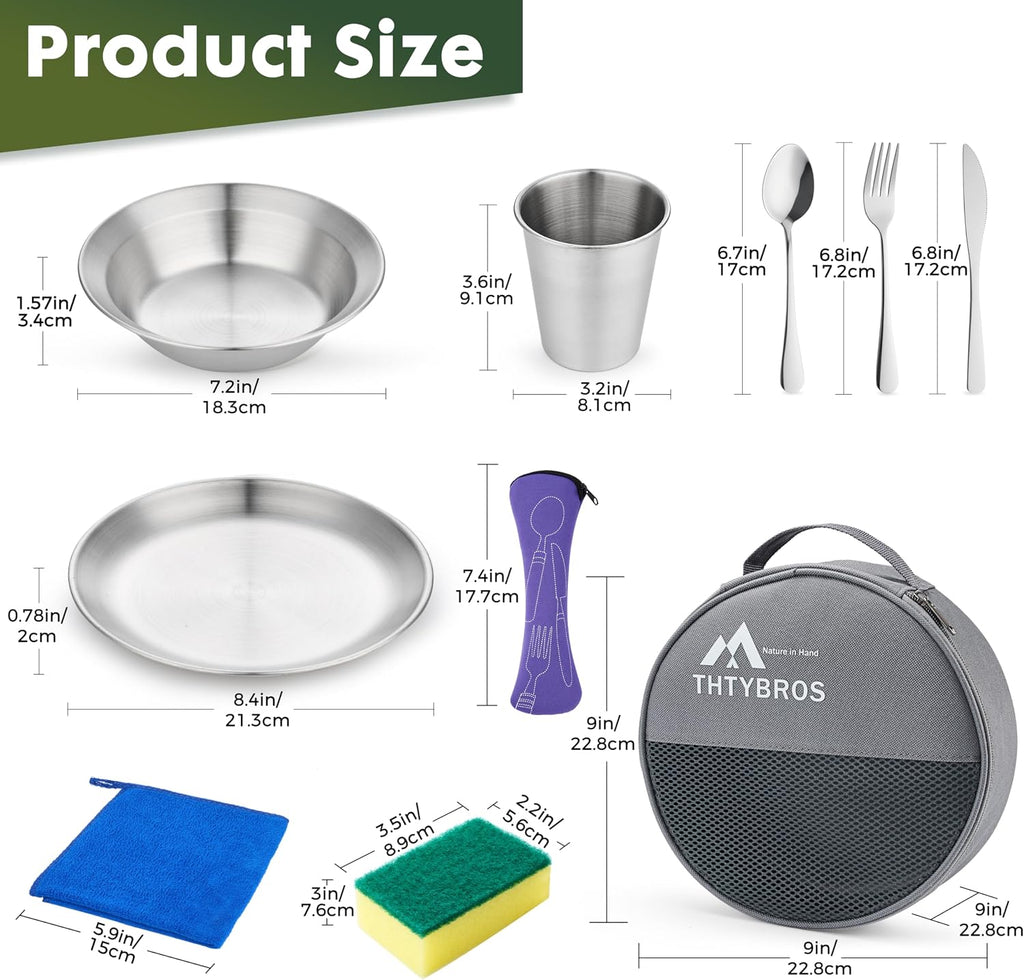 Stainless Steel Camping Mess Kit for 1-4 People,All-in-One Camping Cookware & Tableware Set with Plates,Bowls