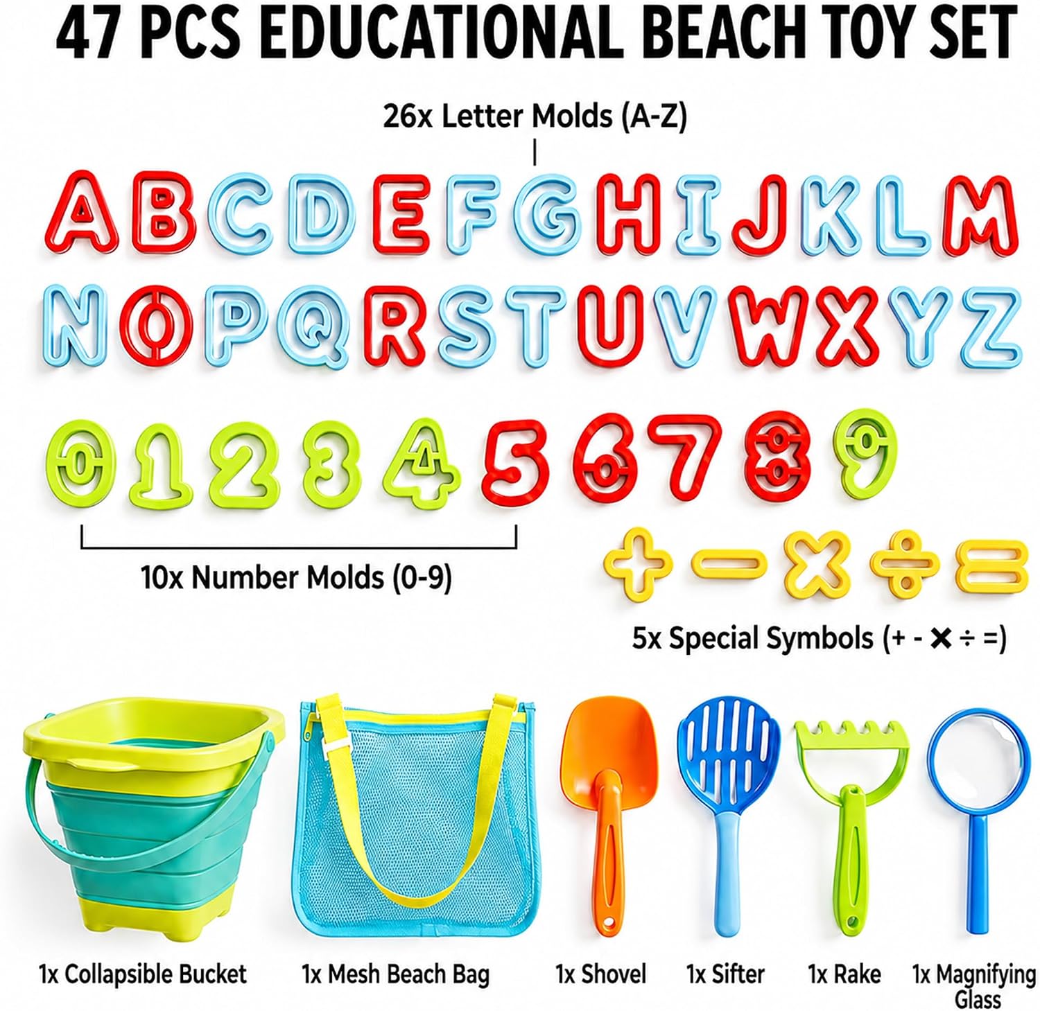 47pc Collapsible Beach Toys for Toddlers Kids ，Educational Sand Toys with Letter & Number Molds, Collapsible Bucket