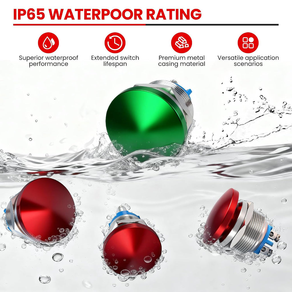 22mm Mushroom Head Momentary Push Button Switch, IP65 Waterproof