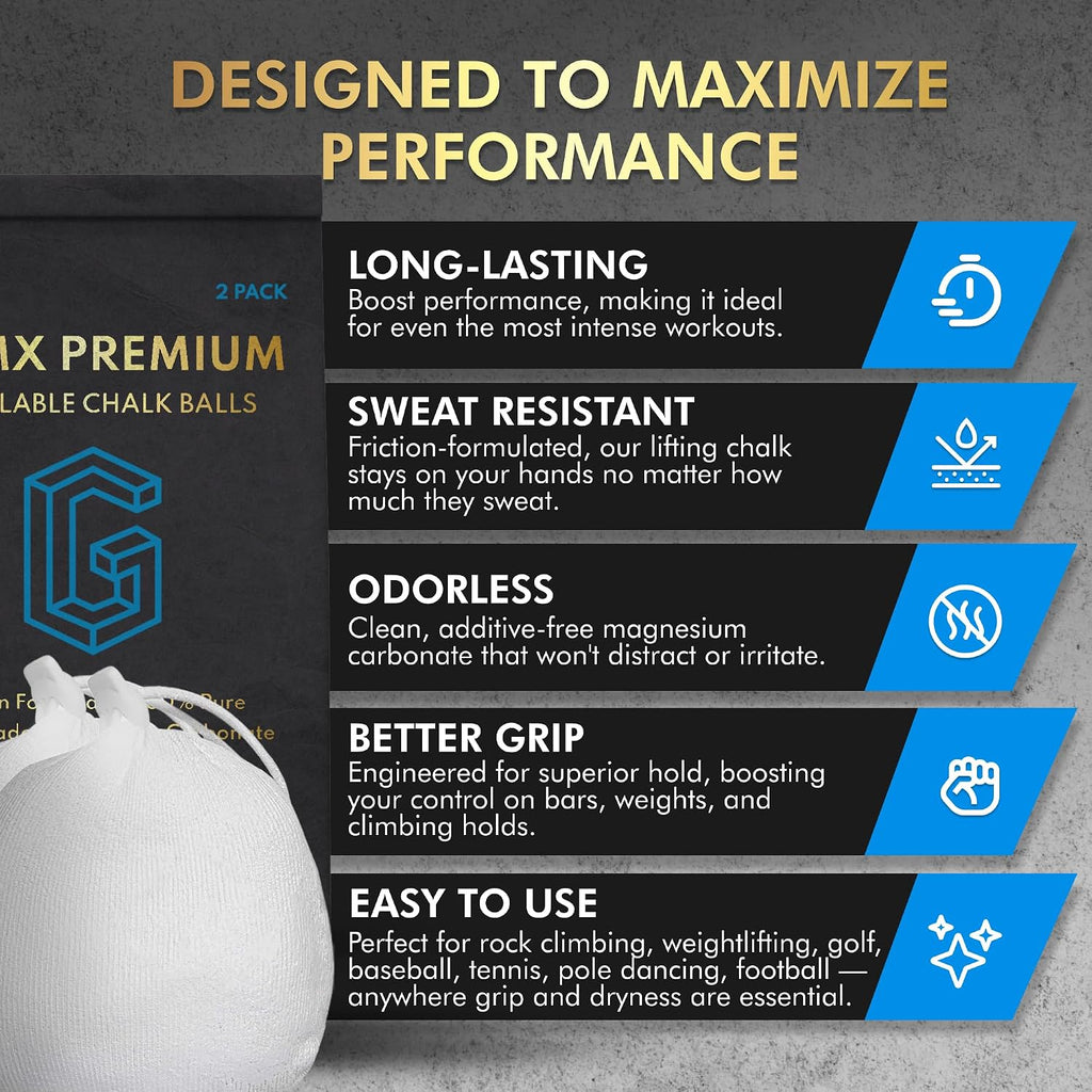 130g (2 x 65g) Premium Chalk Balls. Pro-Grade Gym Chalk in Refillable Sock. Eco Friendly Packaging. Grip Enhancing