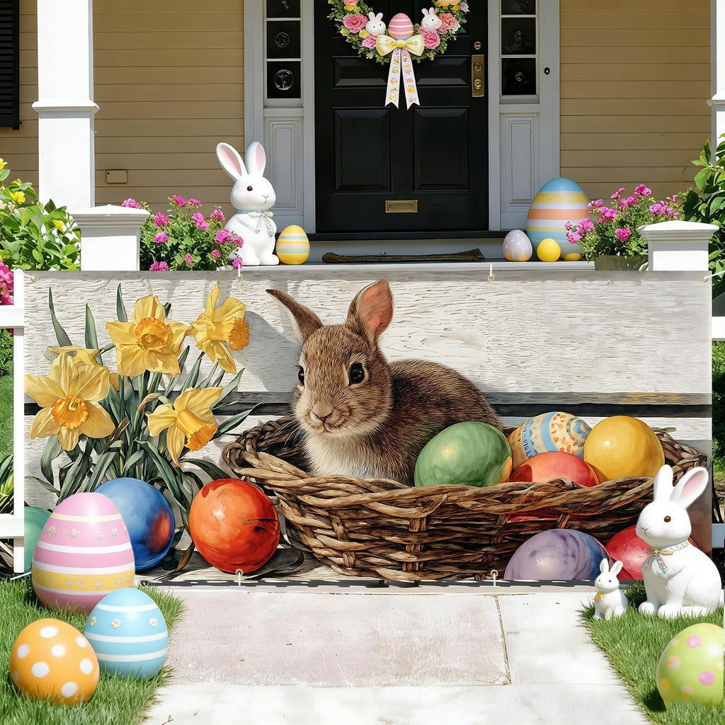 Easter Garage Door Cover Banner, Bunny in Basket with Colorful Easter Eggs and Daffodils, Rustic Spring Outdoor
