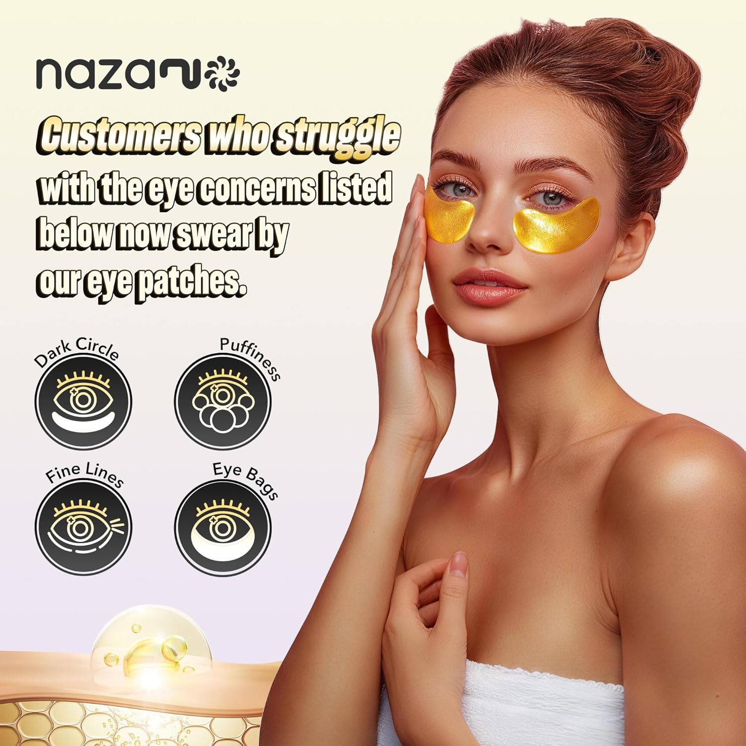 24K Gold Under Eye Patches - 60 Pack for Puffy Eyes, Dark Circles, Bags & Wrinkles with Collagen & Hyaluronic Acid