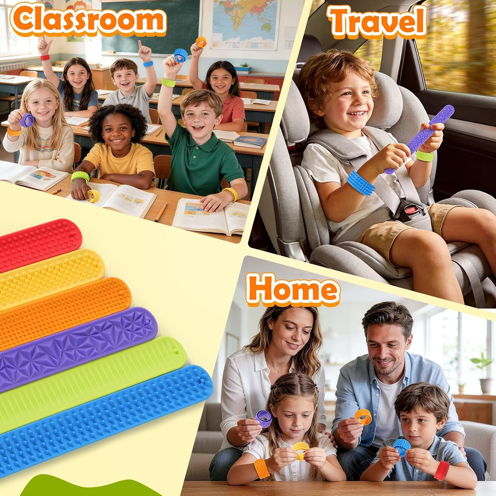 Sensory Fidget Toys for Kids: Textured Silicone Slap Bracelets 6 Pack, Stress Relief Fidgets for Autism ADHD