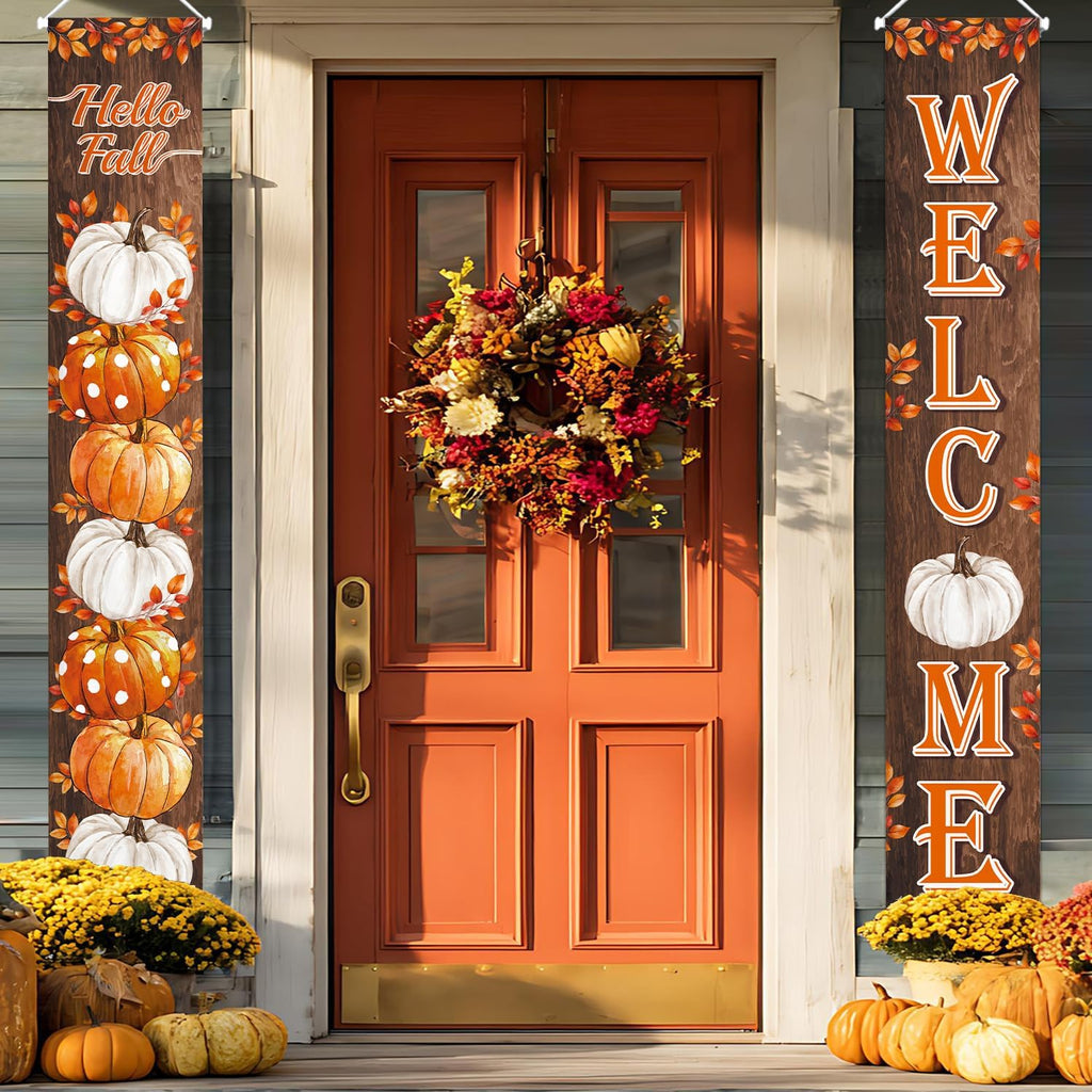 Fall Pumpkin Porch Banner Autumn Thanksgiving Door Decorations | Welcome & Hello Fall Sign Door Decorations Wooden
