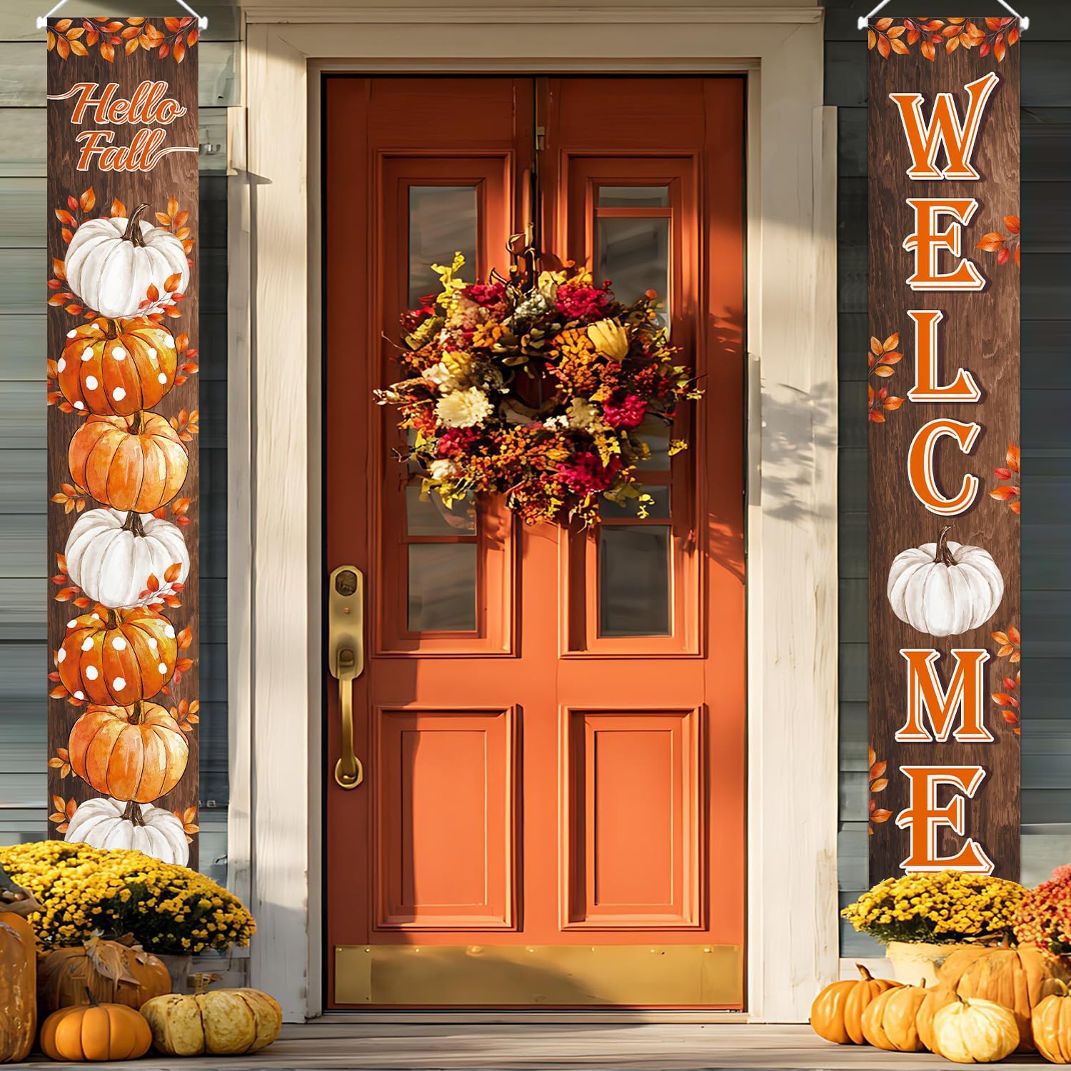 Fall Pumpkin Porch Banner Autumn Thanksgiving Door Decorations | Welcome & Hello Fall Sign Door Decorations Wooden