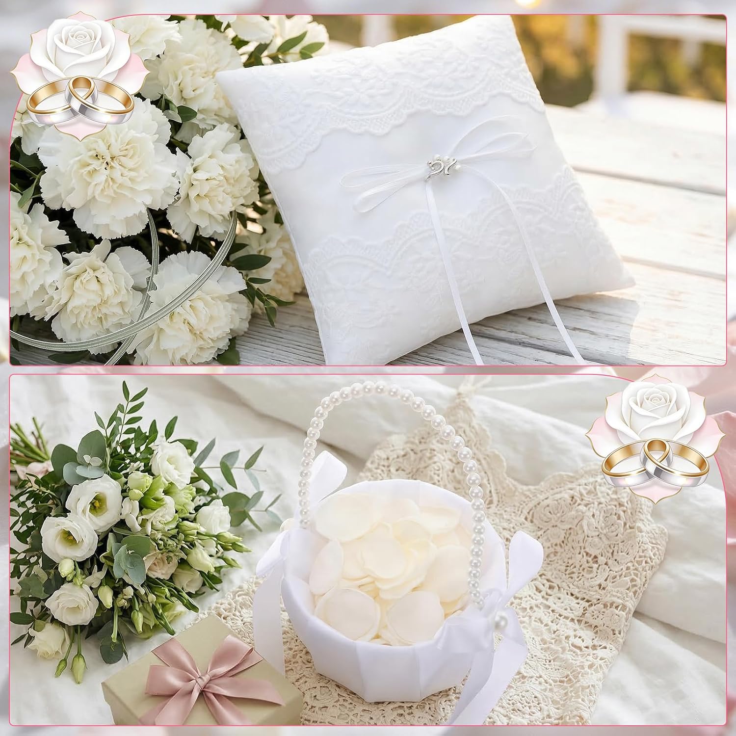 Wedding Flower Girl Basket and Ring Bearer Pillow Set 200 Ivory Rose Petal
