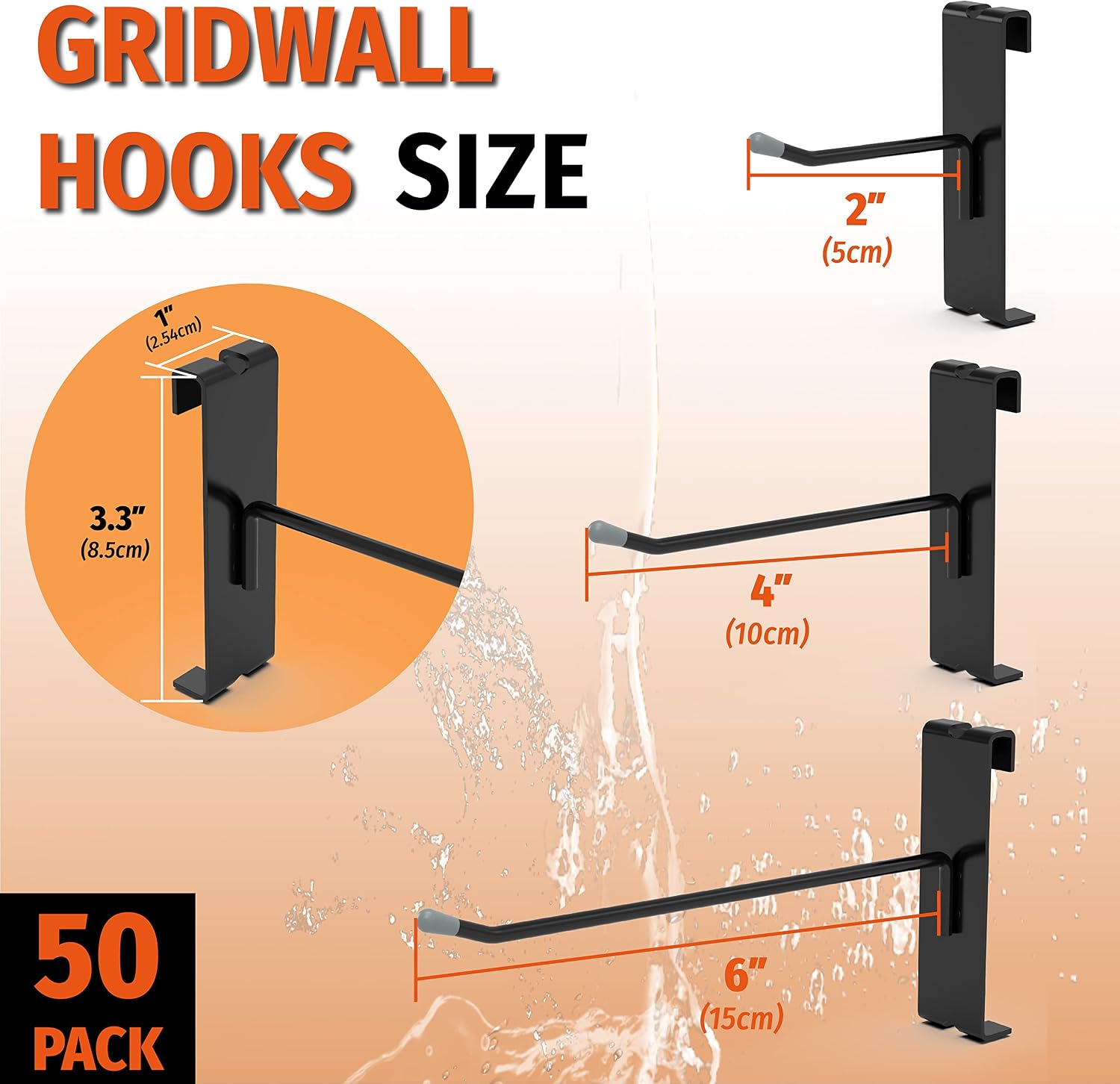 50 Pack 2 Inch Black Gridwall Hooks Metal Display Hangers | Fits 3 x 3 Inch Wire Grid Panels, 20 lb Capacity Hooks