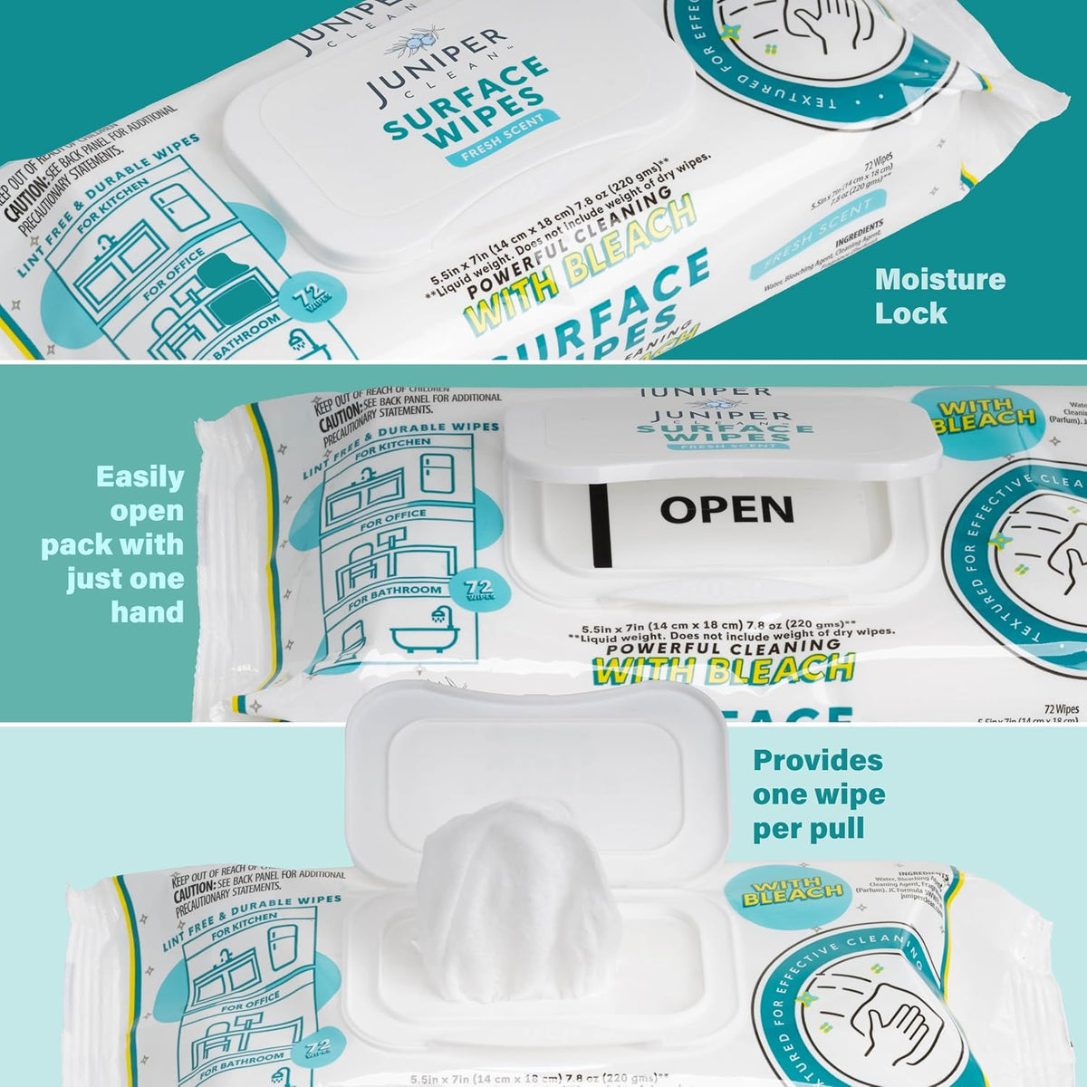 3 Pack Surface Cleaning Wipes with Bleach, All-Purpose Cleaner for Bathroom, Kitchen, Office, 216 Count Soft Flow