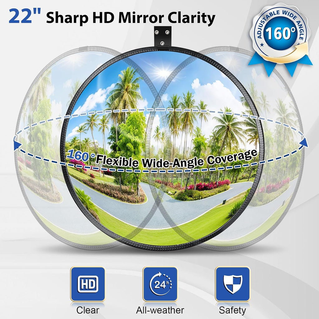 New Upgraded 22" HD Convex Mirror | 160° Adjustable Wide Angle View, Leather Frame & ABS Back, Traffic Mirror for