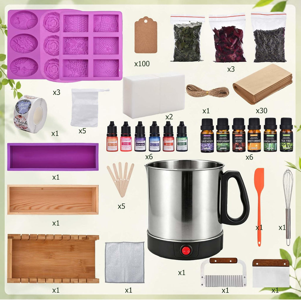 Soap Making Kit for Adults Soap Making Supplies with Melter Pot | 500+PCS Goat Milk Soap Base, Dyes, Essential Oil &