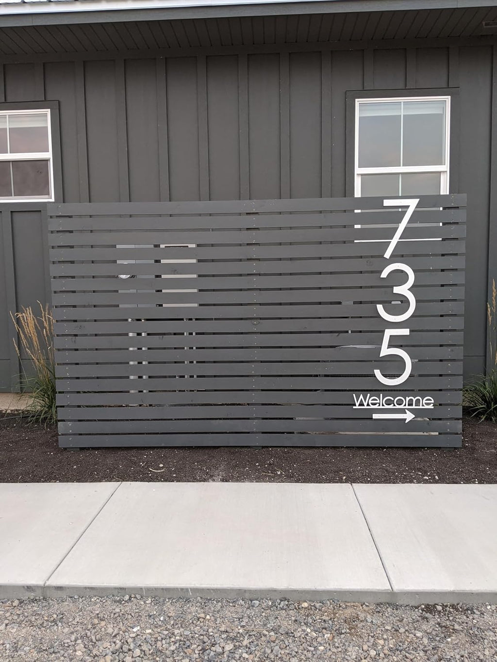 5 Inch Modern Plastic House Numbers and Letters with hardware included. Black and White Arrows, North South East