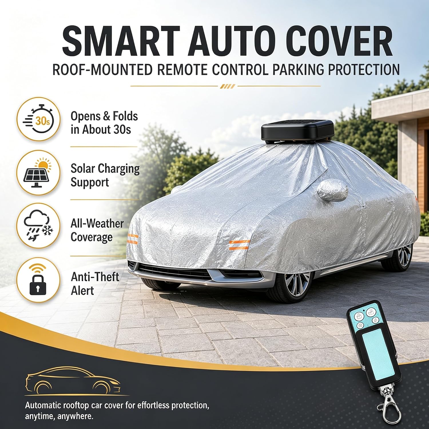 Automatic Retractable Car Cover with Remote, Car Cover Waterproof All Weather, Roof-Mounted Solar Charging Cover for