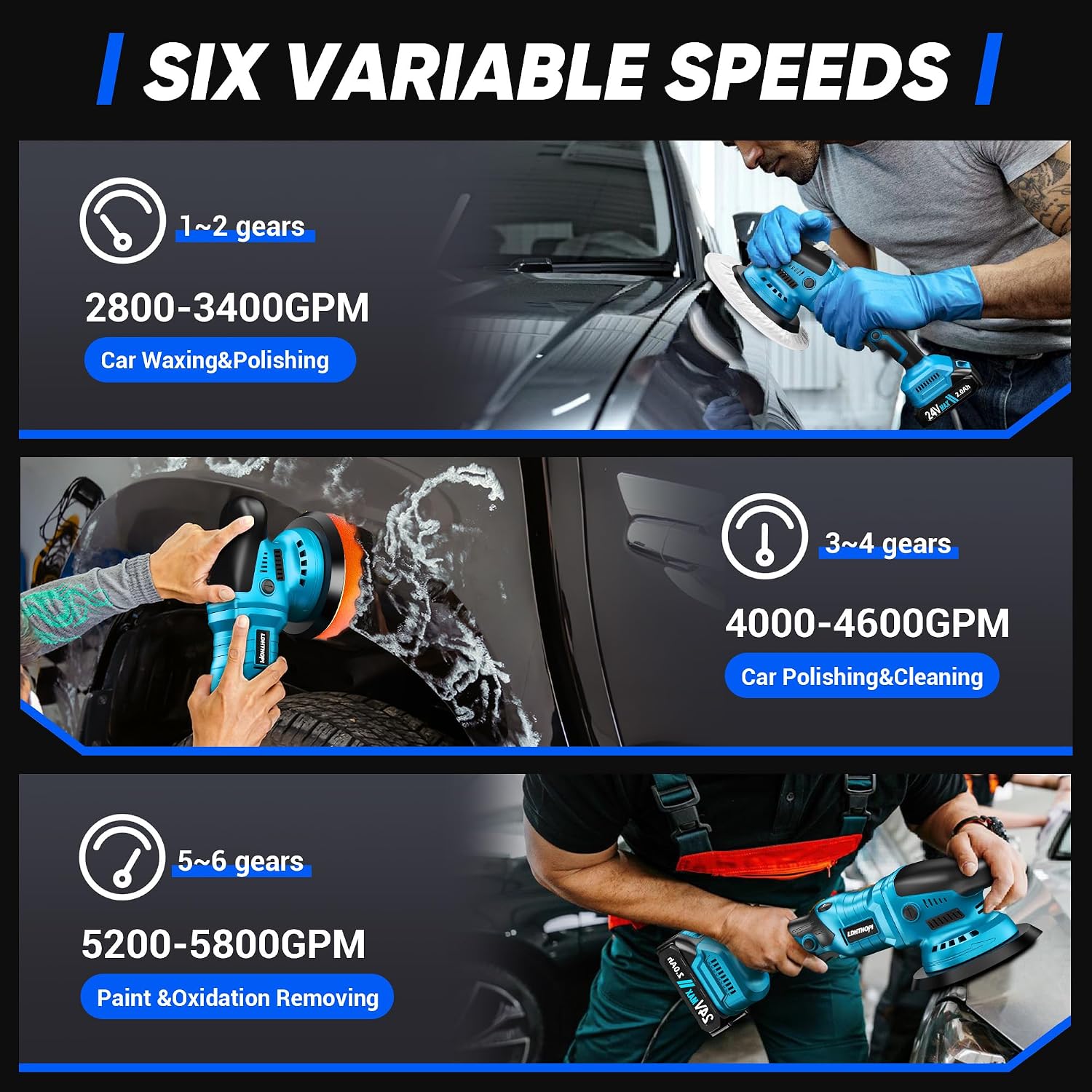 23PCS Cordless Buffer Polisher Kit with 2×2.0Ah Battery & Charger, 10000RPM 1600W High Power Car Polisher with 6