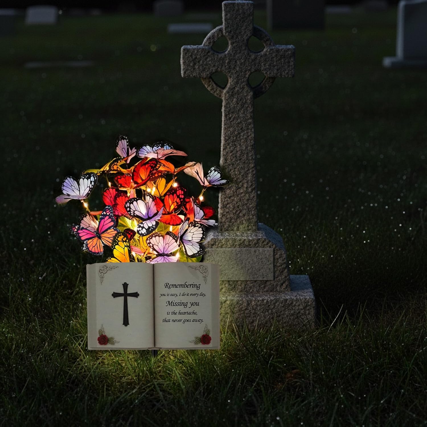Solar Bible Cross Memorial Stake - Metal Silhouette Religious Grave Decoration for Cemetery - Flat Christian Cross