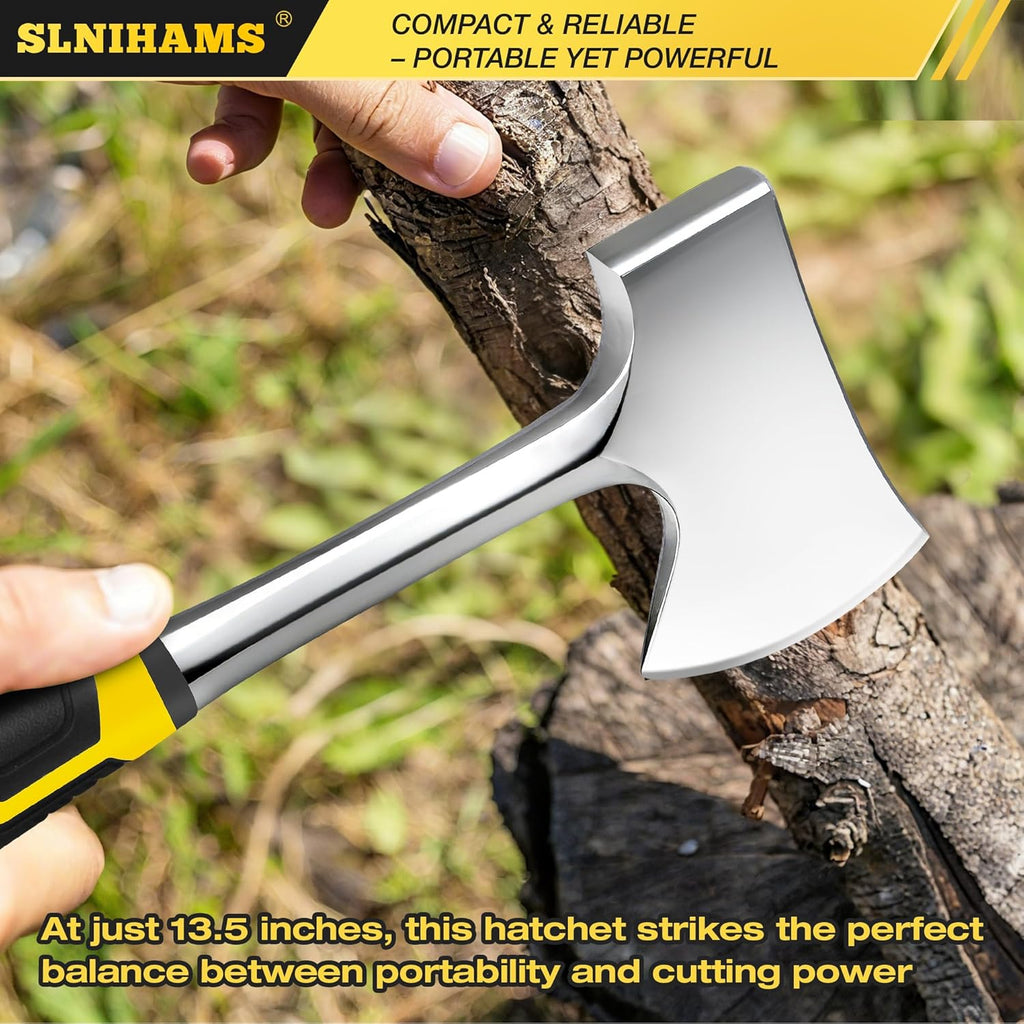 13.5" Camping Hatchet, Forged Carbon Steel Axe with Ergonomic Anti-Slip Grip & Heavy-Duty Oxford Nylon Sheath –