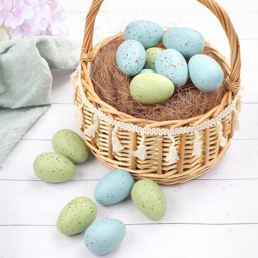 16 Pcs Pastel Easter Eggs with Chicken Nest Easter Table Centerpiece Plastic Green Blue Speckled Eggs for Spring