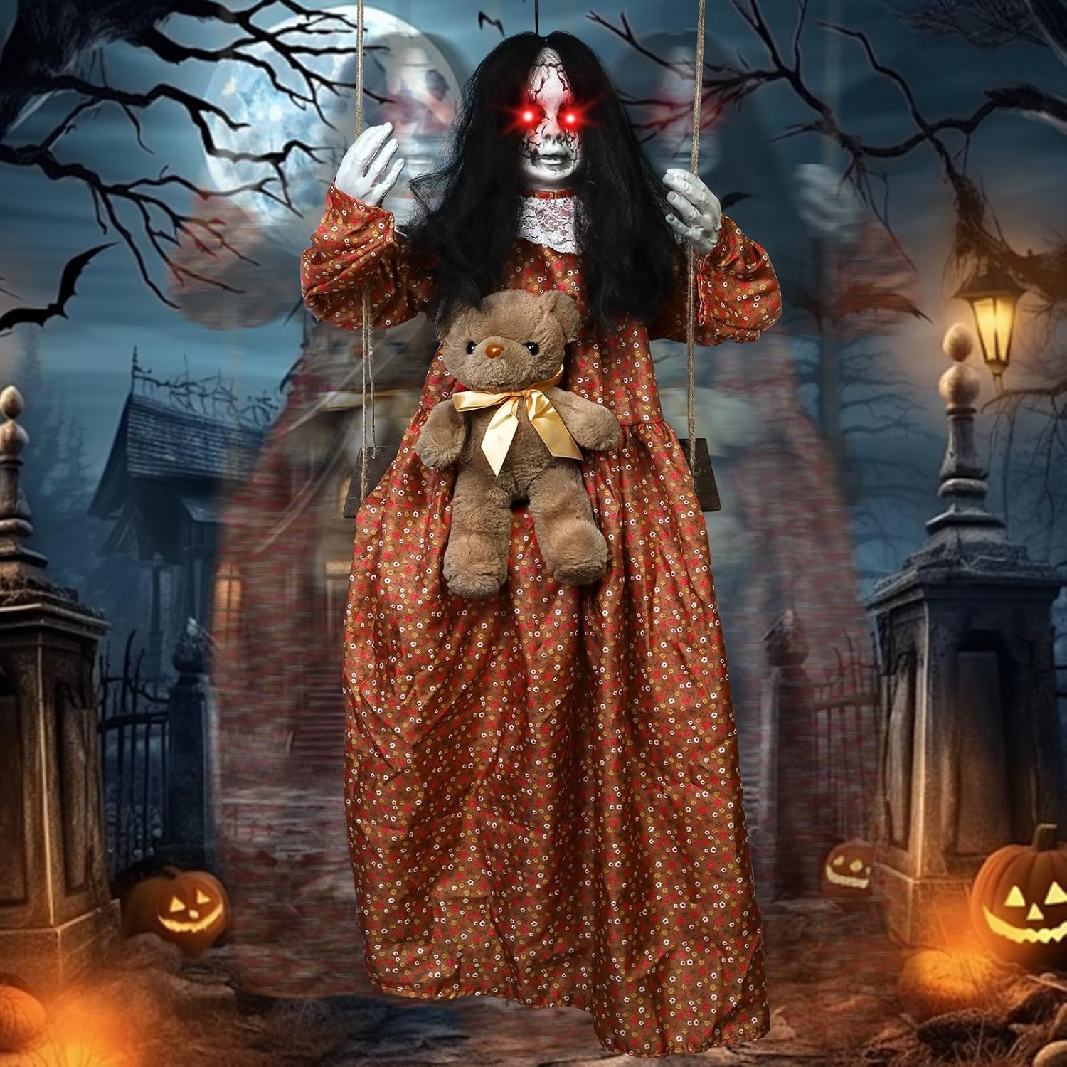 3.9 Ft Halloween Decorations Animatronics Hanging Swinging Girl with Creepy Sound/Light Up Eyes/Scary Expression