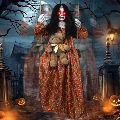 3.9 Ft Halloween Decorations Animatronics Hanging Swinging Girl with Creepy Sound/Light Up Eyes/Scary Expression