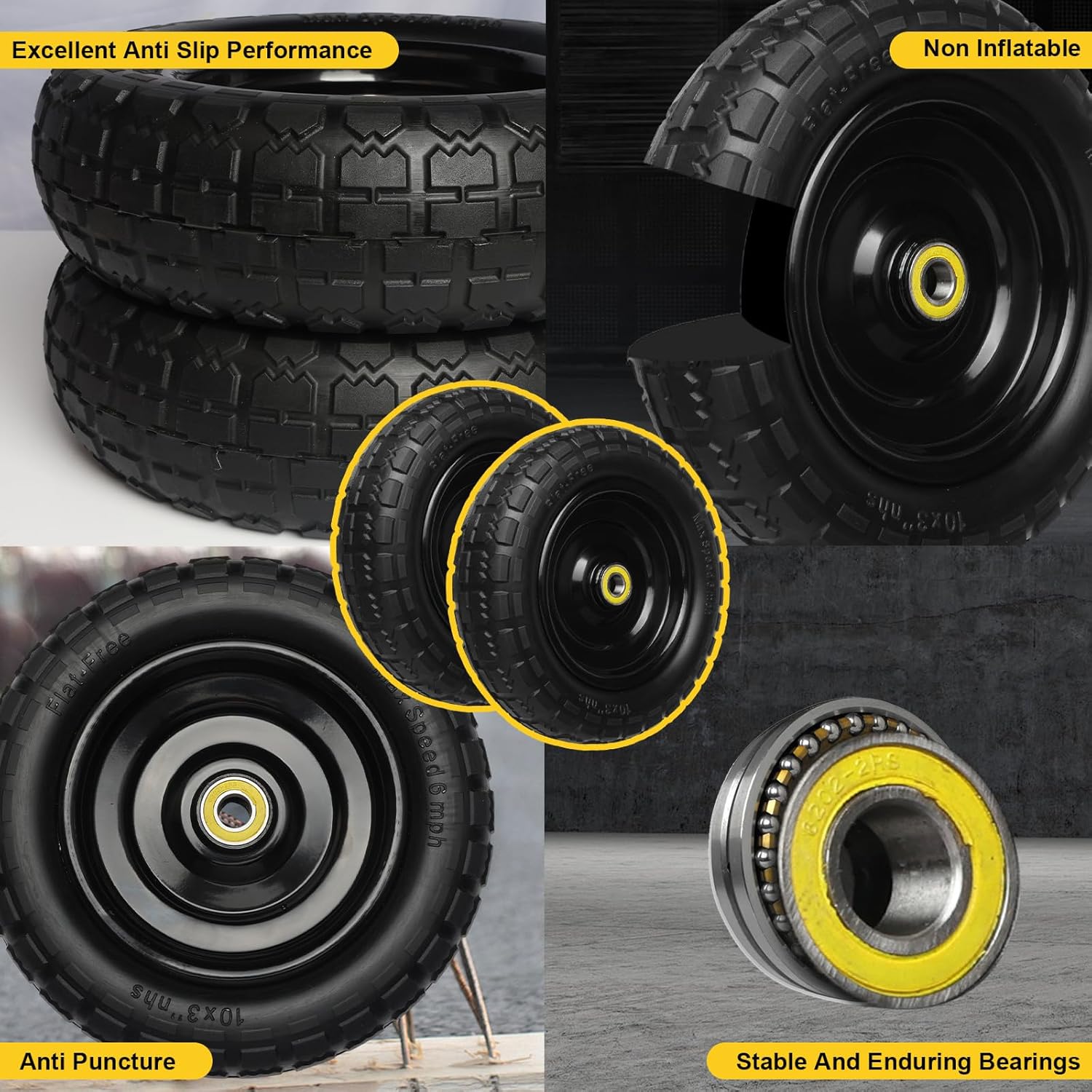 13 Inch Solid Rubber Tires, 4.00-6 Tire Flat Free with 5/8" Bearings, 2.17" Offset Hub for for GOR Garden Carts
