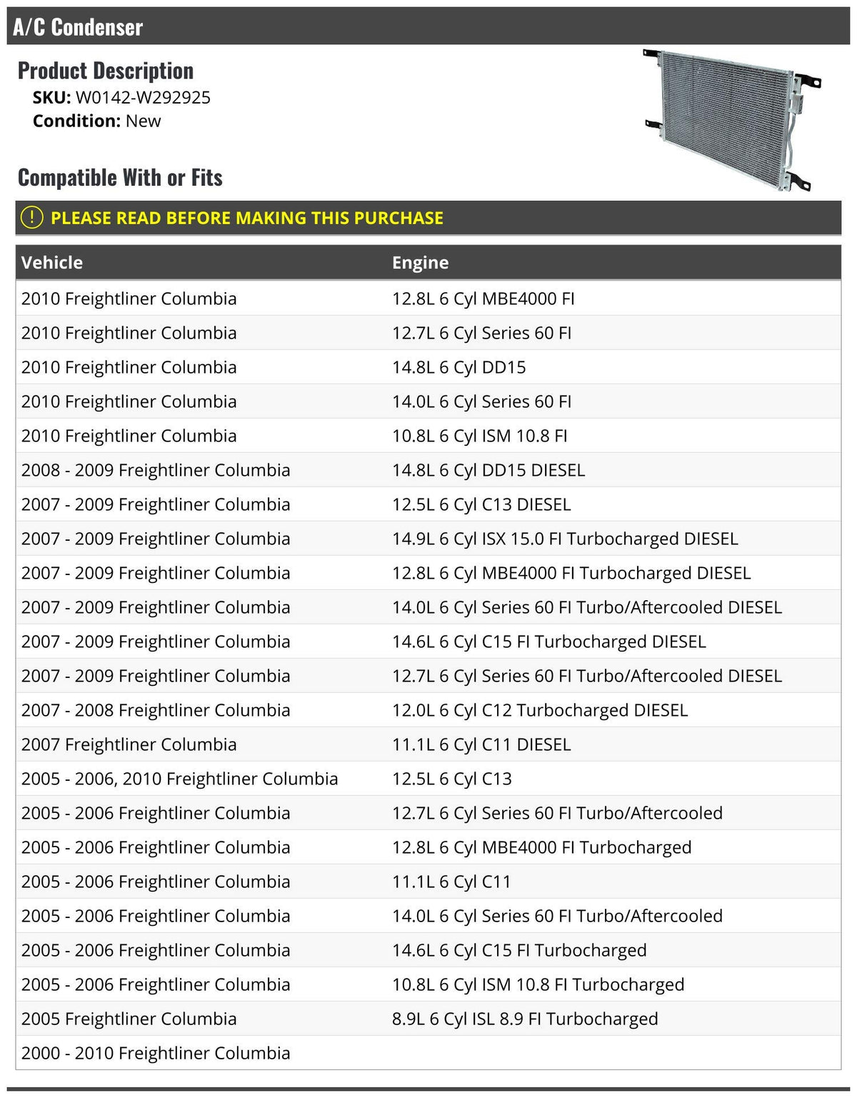 A/C Condenser - Compatible with 2000-2010 Freightliner Columbia