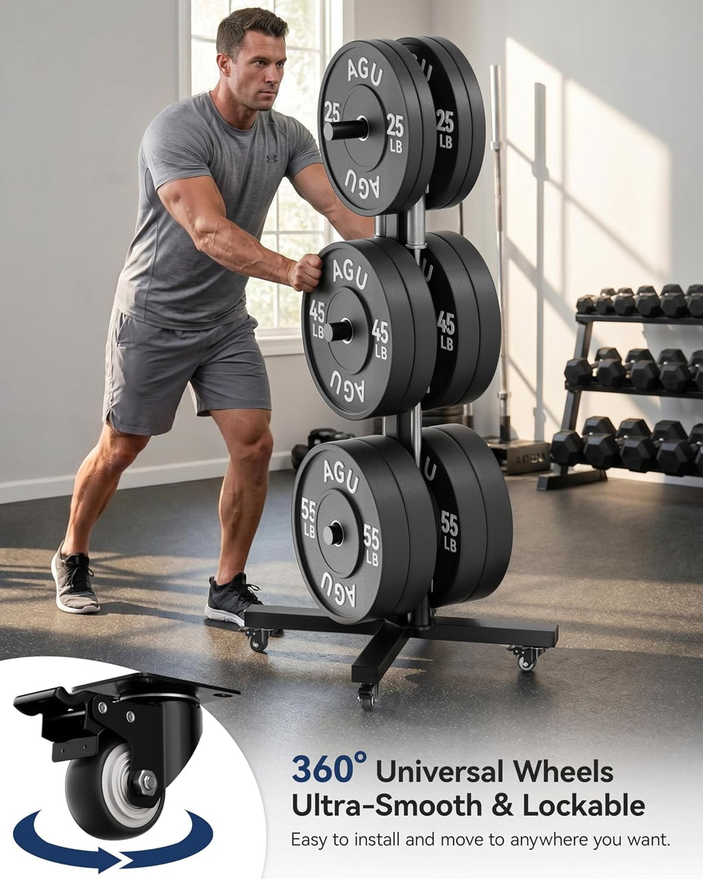 Movable Olympic Weight Plate Tree with 6 Metal Pegs | Fits 1" & 2" Weight Plates, Heavy Duty Storage Rack with