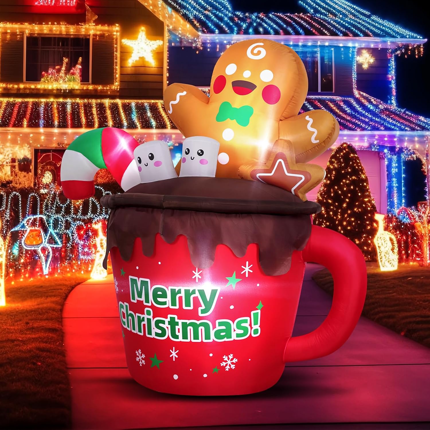 6FT Christmas Inflatables Outdoor Decorations, Gingerbread Christmas Inflatable Hot Cocoa Mug with Built-in LEDs Blow