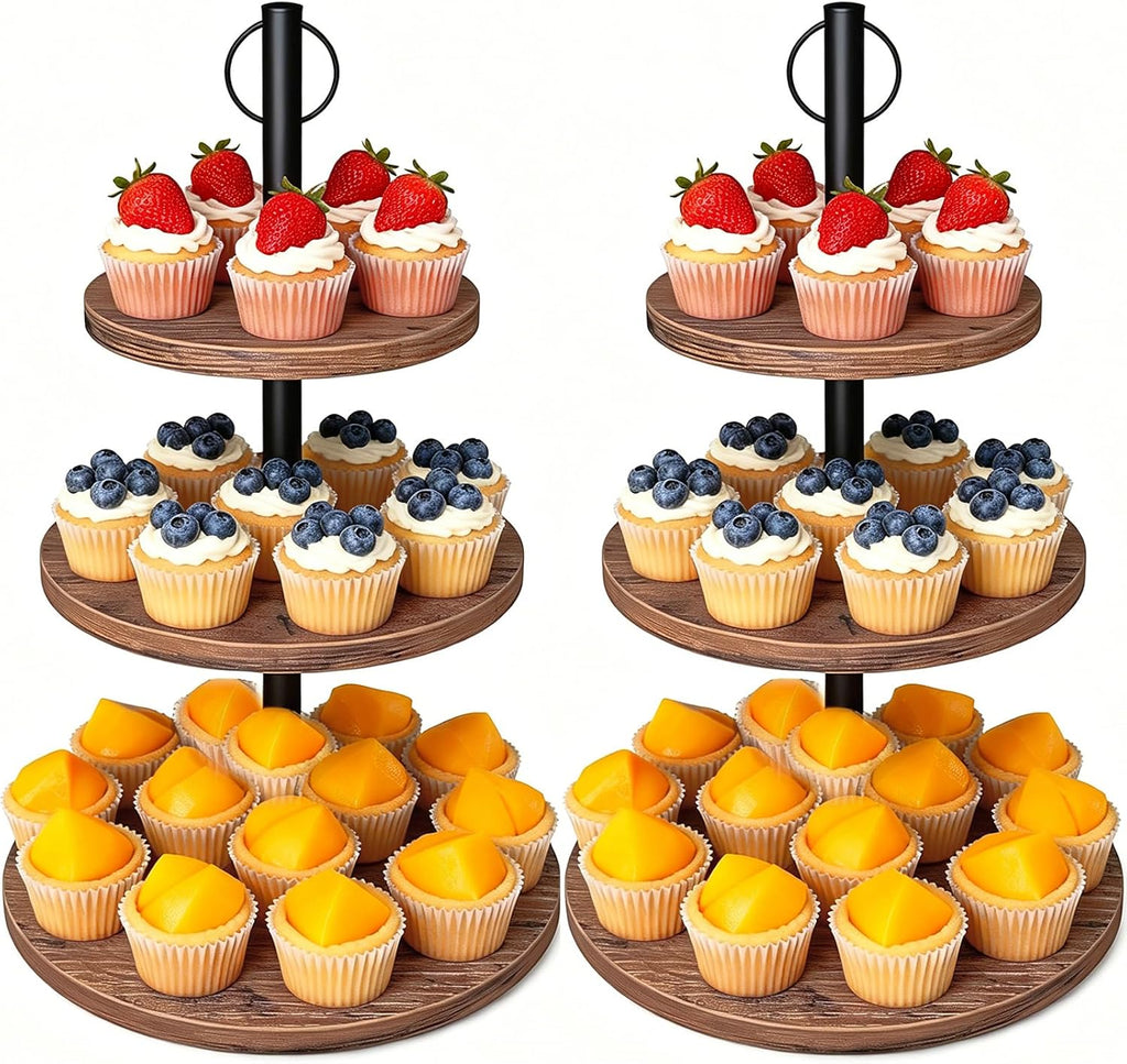 Cupcake Stand, 2 Pack Rustic Wood 3 Tier Cake Stand, Serving Tray