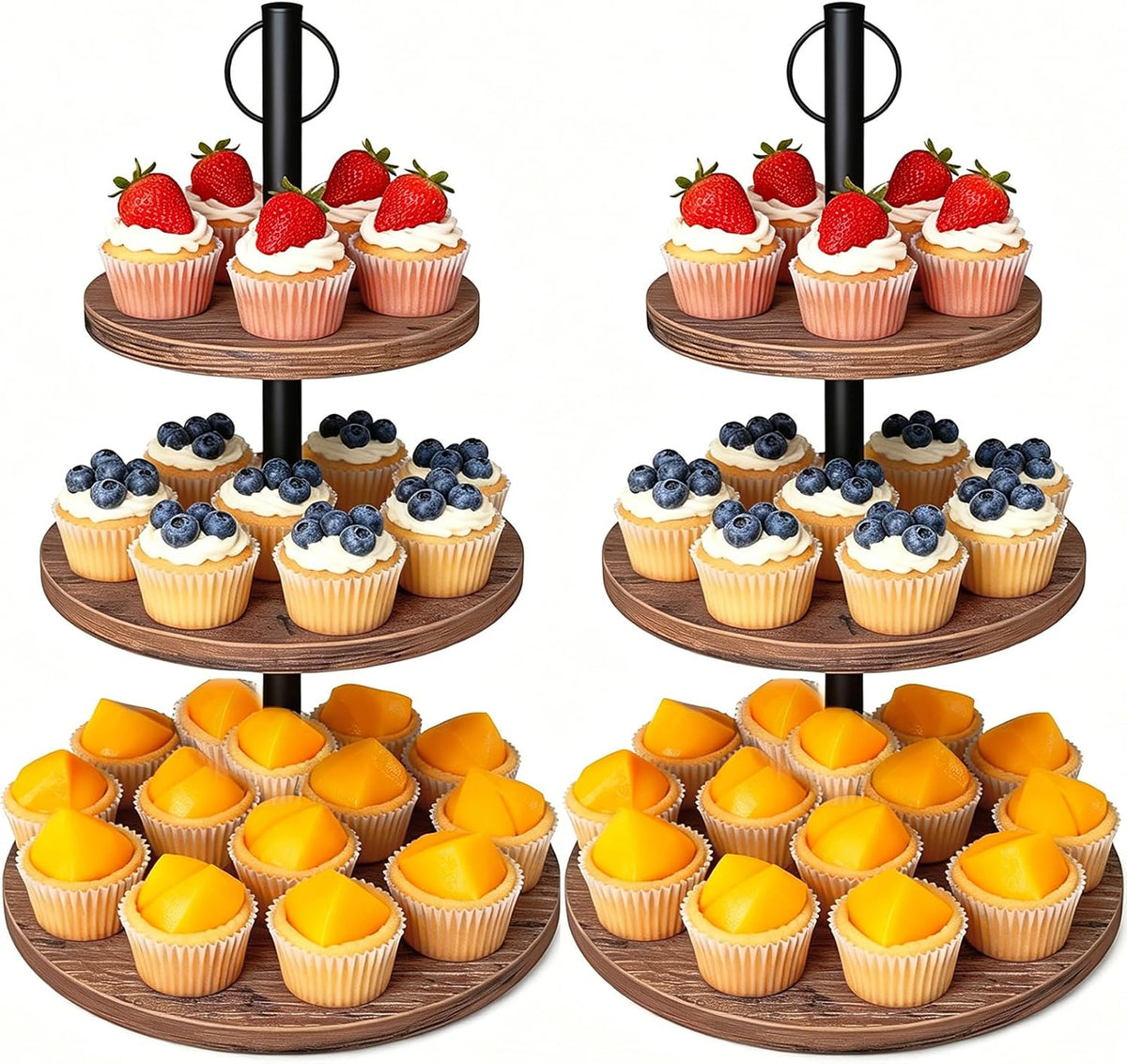 Cupcake Stand, 2 Pack Rustic Wood 3 Tier Cake Stand, Serving Tray