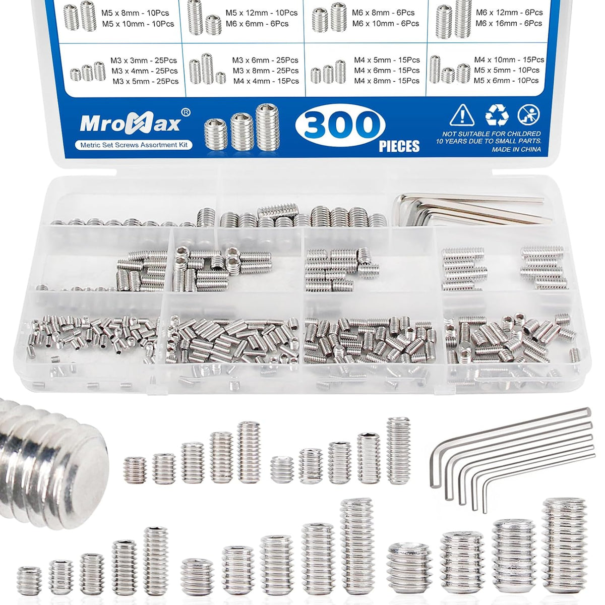 300Pcs Metric Set Screw Assortment Kit, Flat Point Allen Head Grub Screws