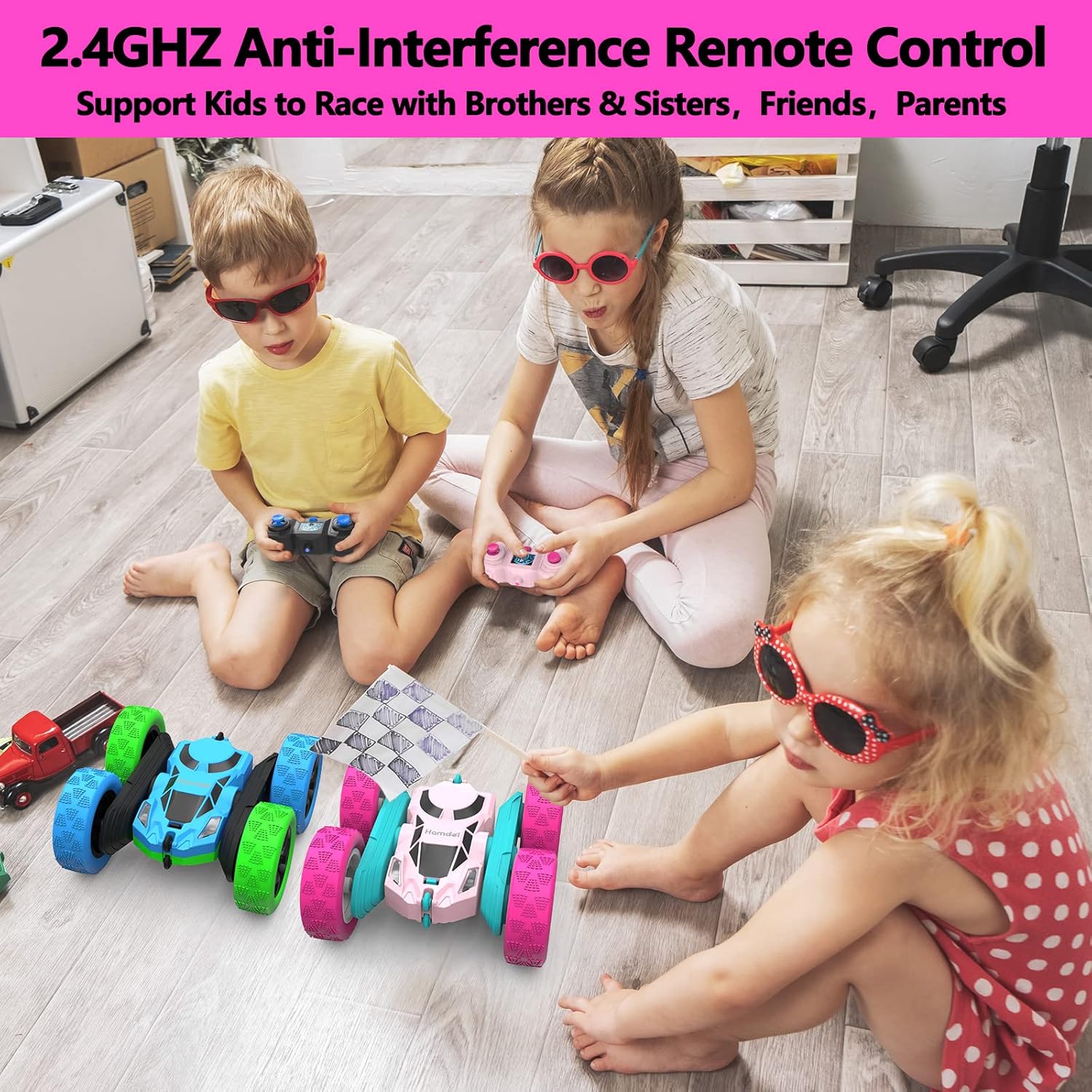 Pink Remote Control Car for Girls, 360° Flipping Stunt Car with LED Headlights, Rechargeable 4WD Electric Toy