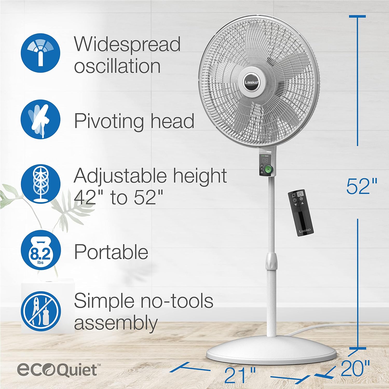 EcoQuiet Oscillating Pedestal Fan with Whisper Quiet DC Motor, 12 Speeds, 8 Hour Timer, Adjustable Height, Remote