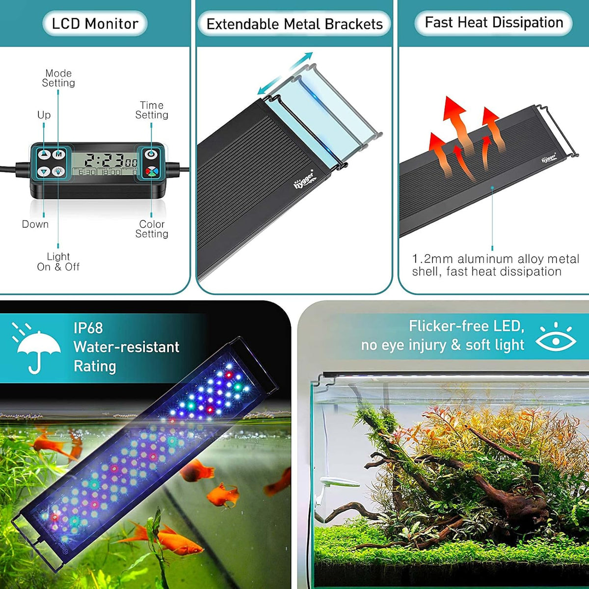 Auto On Off LED Aquarium Light, Full Spectrum Fish Tank Light with LCD Monitor, 24/7 Lighting Cycle, 7 Colors